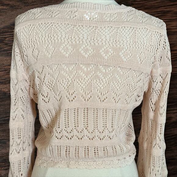 Mabel Lacy Knit Cropped Cardigan Sweater Sz L Ivory Button Up w Balloon Sleeves - Picture 8 of 10